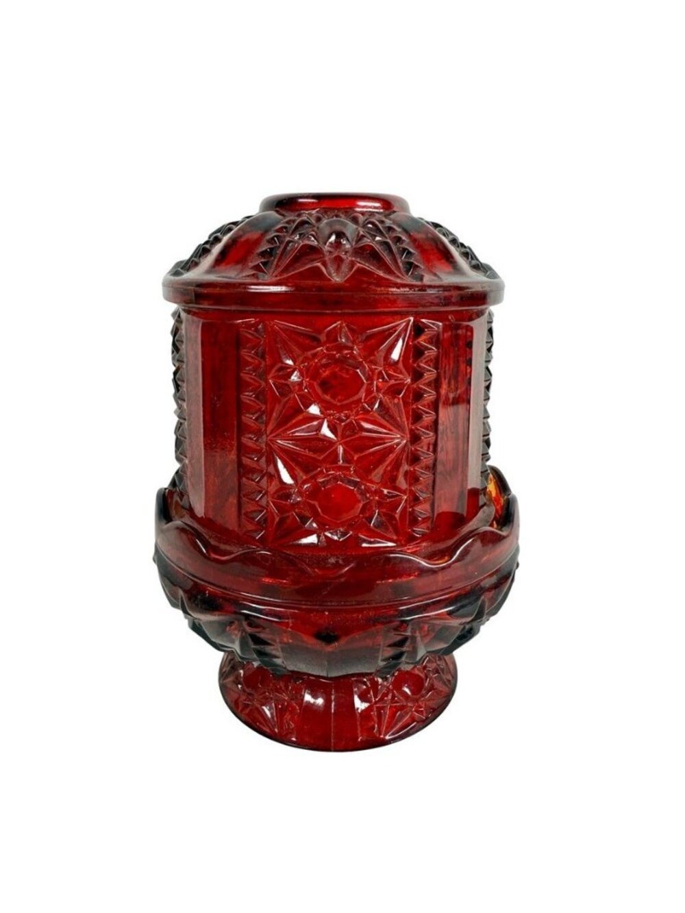Vintage Indiana Glass Stars & Bars Large Fairy Lamp Ruby Red Flash 6.5"